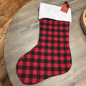At Home Homespun Holiday Christmas Stocking Red Black Buffalo‎ Plaid X-Large